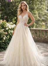 Martina Liana Romantic Lace Wedding Gown Sheer Illusion Bodice Floral Train 10