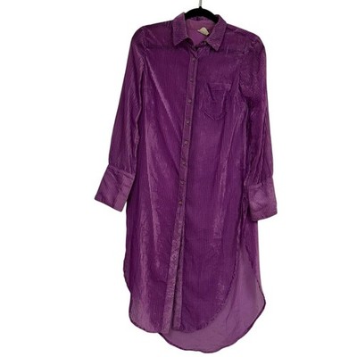 Akemi Kin Purple Velvet Burnout Button Down Tunic Women XS Oversized Sheer Boho