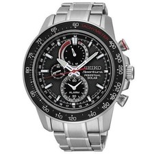SEIKO SPORTURA SSC357P1 Solar Perpetual V198 Chrono Steel Black Watch Alarm NOS