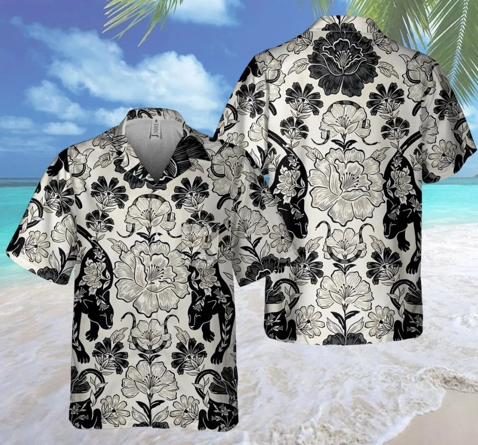 Black White Hawaiian Shirt, Vintage Floral Aloha Shirt, Tropical Beach Vacation