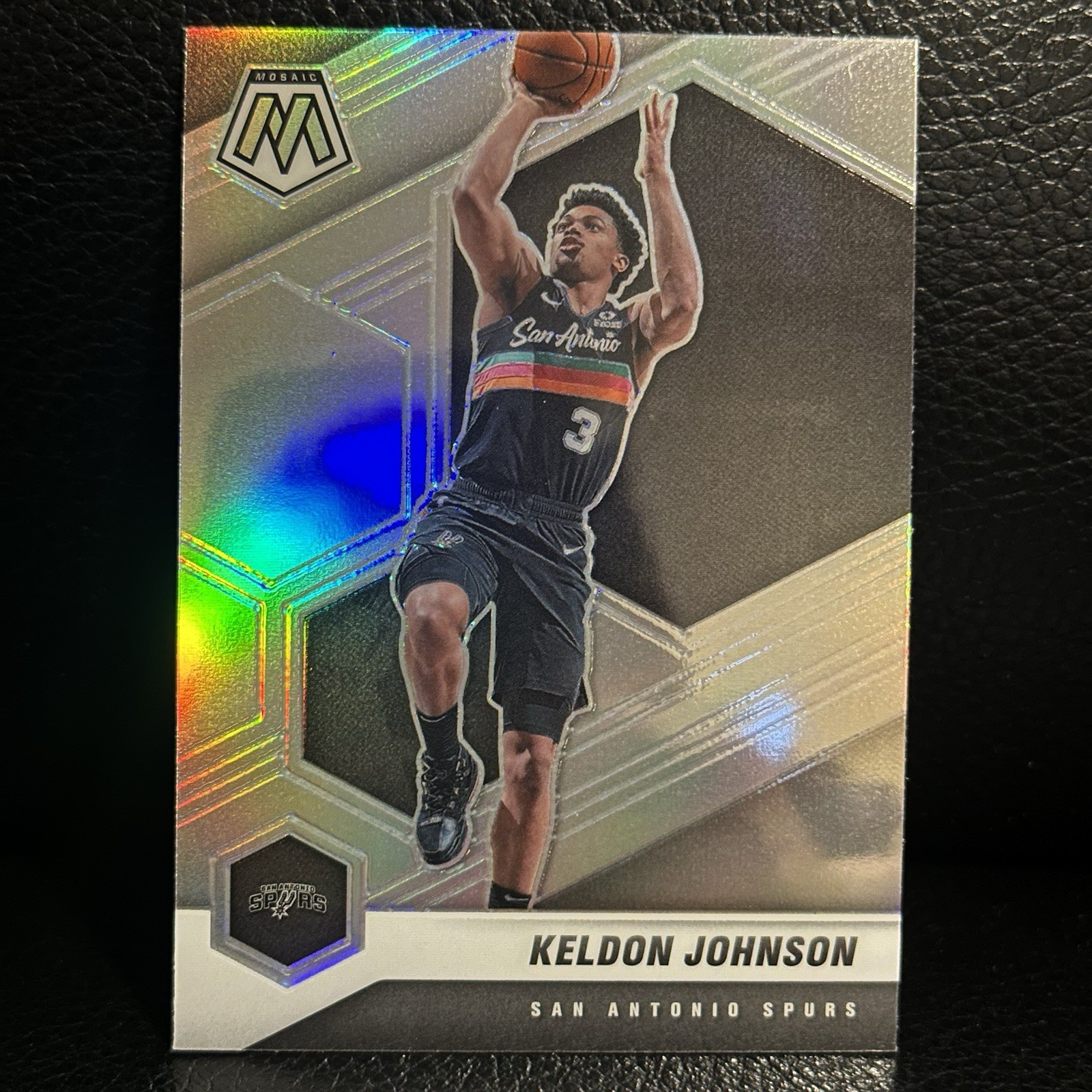 Keldon Johnson 2020-21 Panini Mosaic Silver Holo Prizm #136 Refractor Card Spurs
