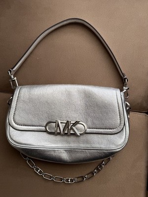 Michael Kors Parker Medium Silver Metallic Leather Shoulder Bag Chain Strap