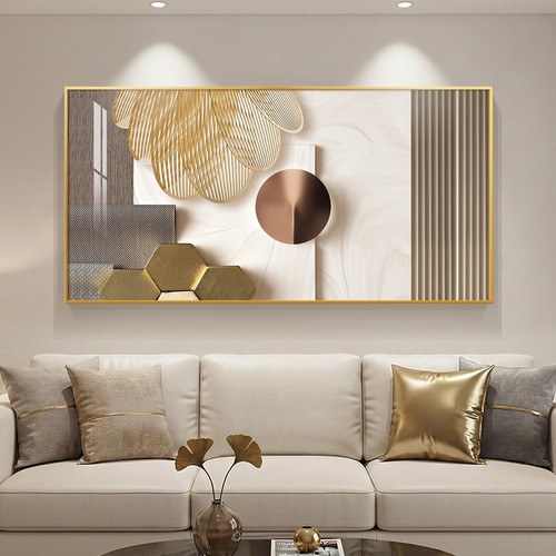 Large Framed Modern Luxury Gold Wall Art for Living Room, Horizontal Bright S...