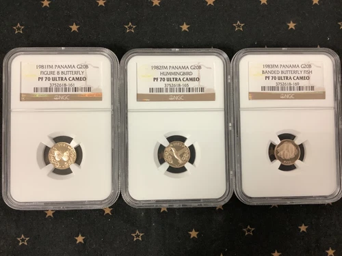 1981-83 Panama GOLD 20 Balboas HUMMINGBIRD BUTTERFLY FISH NGC PF70 - LOT OF 3!!!