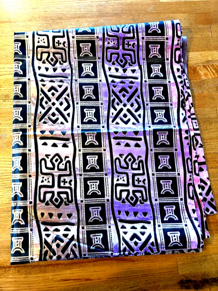 Batik Egyptian Design Cotton Fabric. Purples, Golds, Black Colors. 55"L x 44" W. - Image 3 of 4