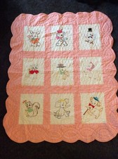 Vintage Pink White Embroidered Animal Baby CRIB QUILT, very well made