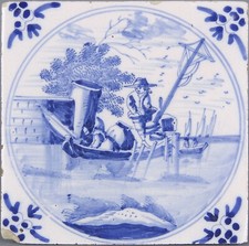 Nice Dutch Delft Blue fine painted tile, fisherman, 18th. century.