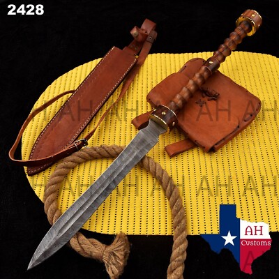 28'' HAND FORGED DAMASCUS STEEL ROMAN GLADIUS SWORD WITH WOOD HANDLE +SHEATH-2428