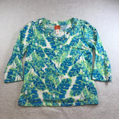 Heart of Palm Womens Top Sz M Green Blue Leaf Print Beaded 3/4 Sleeve NWT