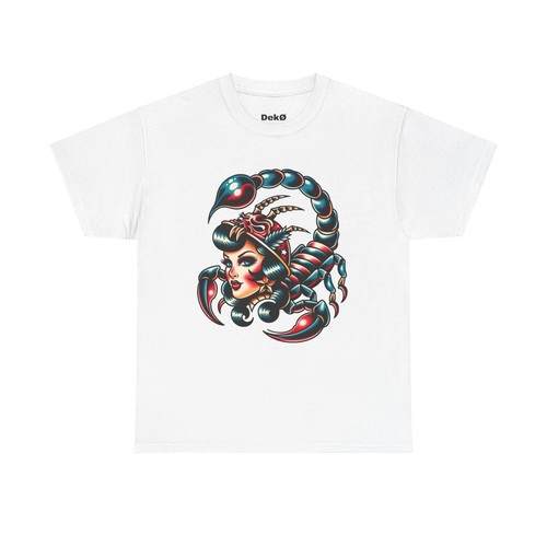 T-shirt unisex adulto tradizionale scorpione pinup ragazza tatuaggio grafica maglietta retrò - Foto 14 di 25