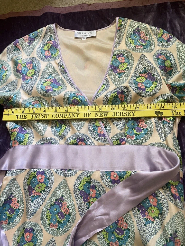 Vestido Paul & Joe Seda Paisley Rosa Verde Cinturón Talla 38 EE. UU. 4-6 Floral Francia Foto 3 de 4