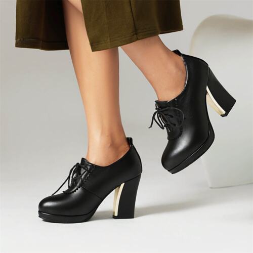 Casual Womens Lace Up Platform High Block Heels Loafer Oxfords Ankle Shoes New - Picture 14 of 14