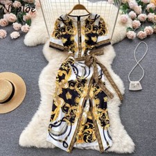 New Women Luxury Fashion Multicolor Print Knee Length Party Sexy Dress