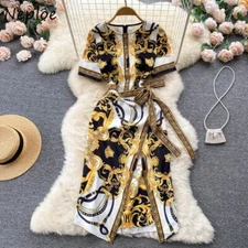New Women Luxury Fashion Multicolor Print Knee Length Party Sexy Dress