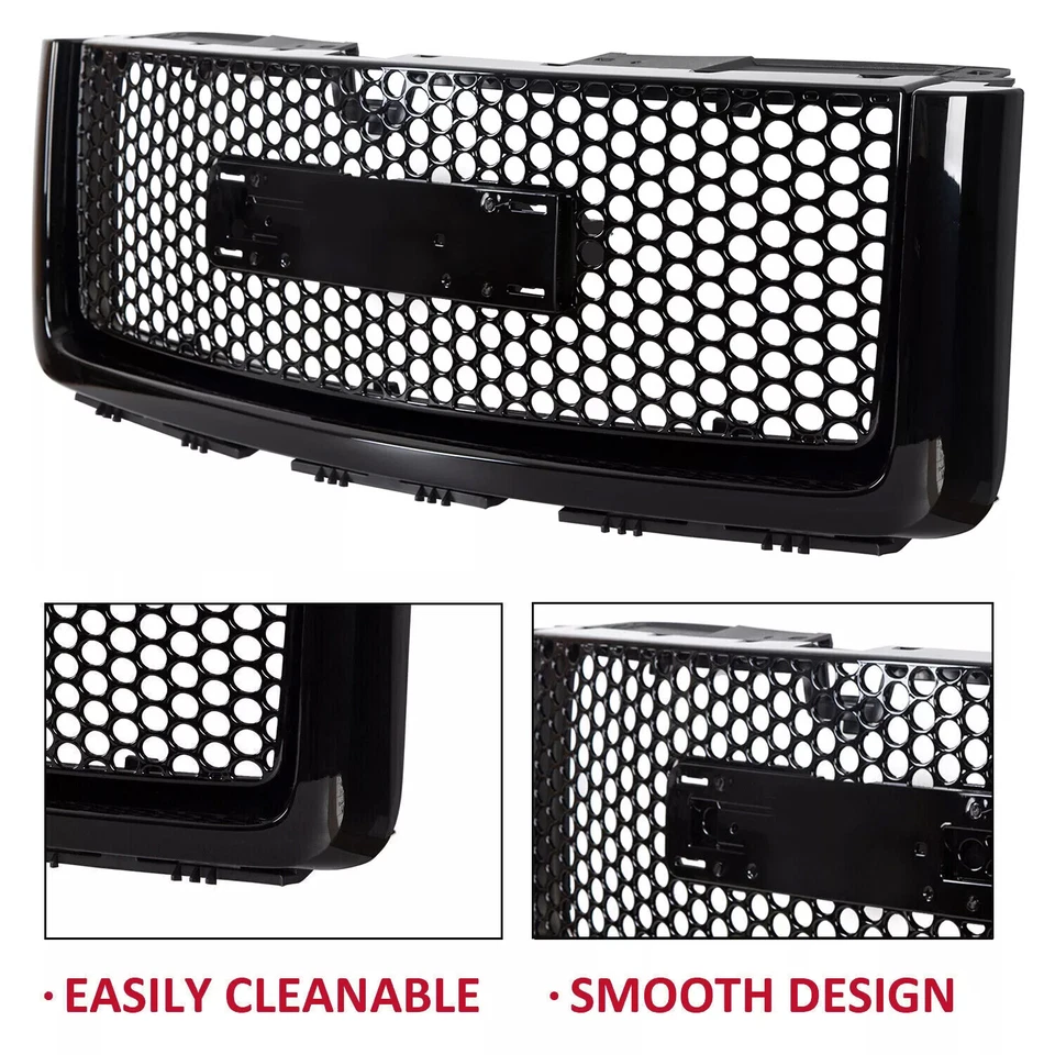 For 07-13 GMC Sierra 1500 New Body Front Upper & Lower Hood Grille Gloss Black - Imagem 2 de 4