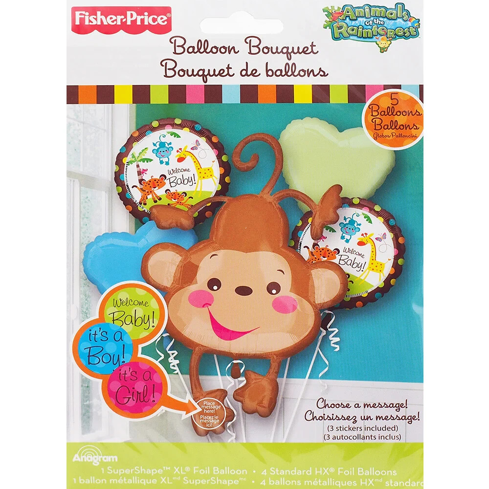 Fisher Price WELCOME BABY Monkey Balloon Bouquet 5ct Baby Shower Gender  Neutral