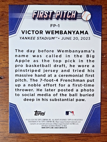 2024 Topps Victor Wembanyama Let's Play Ball First Pitch Rookie RC #FP-1 Yankees - Picture 2 of 2