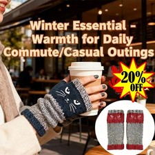 Knitted Fingerless Gloves for Women, Cute Cat Embroidery Cozy