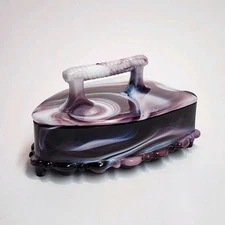 Vintage Imperial Purple Swirl Slag Glass Iron Shaped Covered Candy Dish MINT