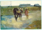 A. Romanychev  Russian postcard KAZACHKA Girl with horse Village road