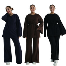Muslim Women Top Pants 2pc Ramadan Abaya Kaftan Islamic Blouse Trousers Suit Eid