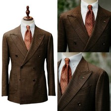 Brown Men Suit Double Breasted Jacket Peak Lapel Formal Business Classic