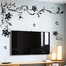 Flowers  Butterflies Wall Decals - DIY Black  Floral Wall Stickers for Bedroom