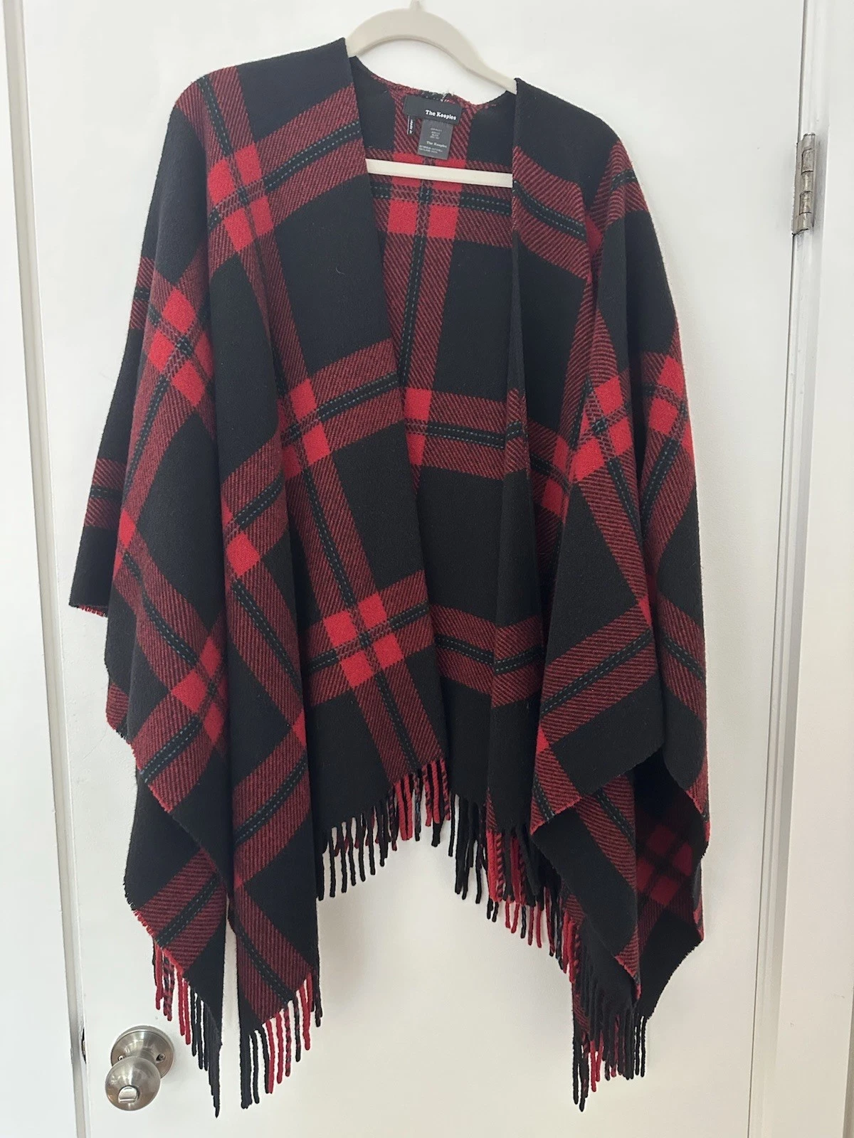 The Kooples Red & Black Tartan Plaid Wool Poncho Cape Fringe Trim 100% Wool