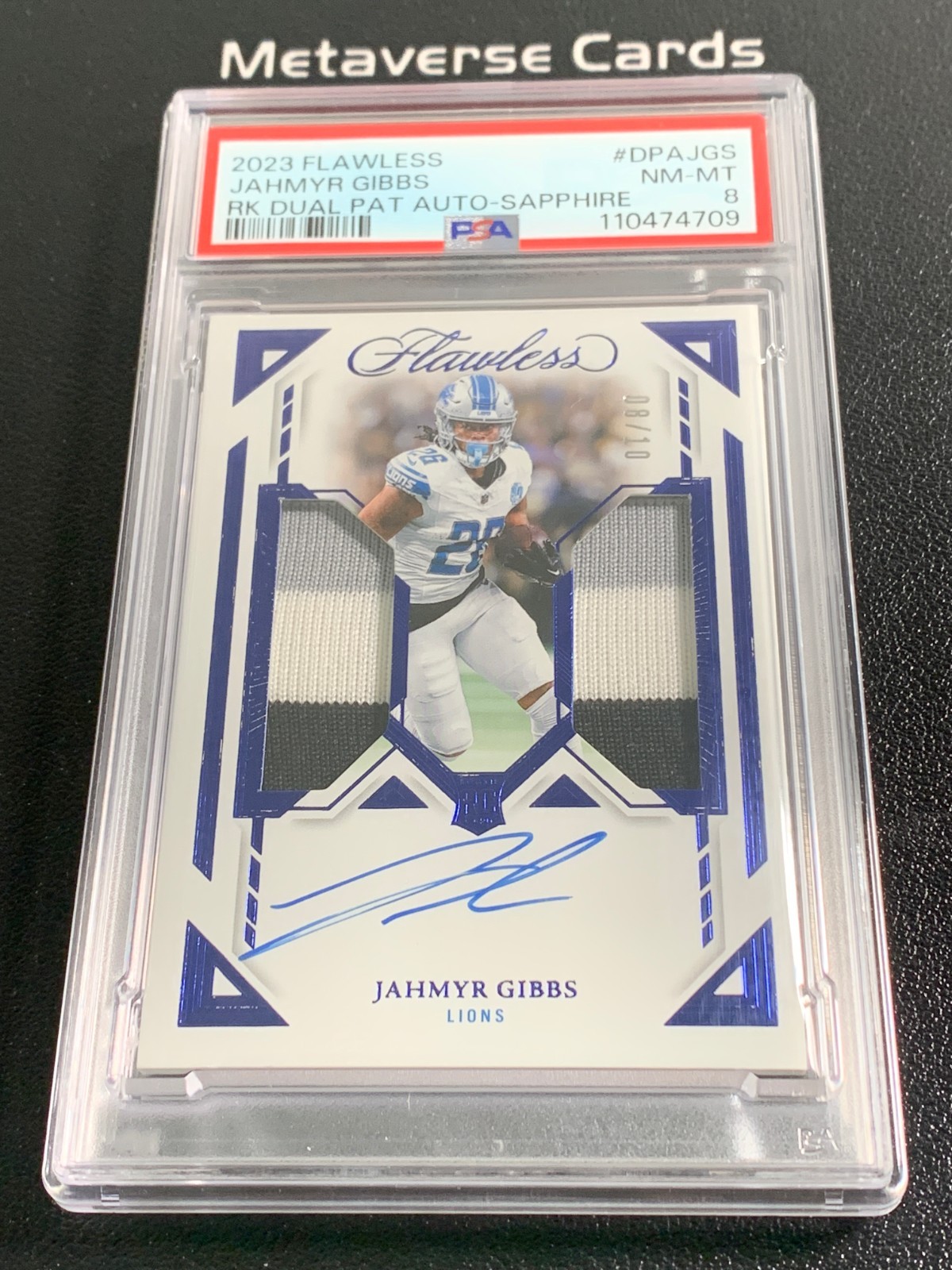 Jahmyr Gibbs Panini Flawless Rookie Dual Patch Autographs #DPAJGS Sapphire
