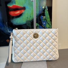 Versace Wristlet Pouch Bag La Medusa White Quilted Leather Gold Logo 1395