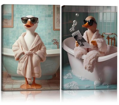 2pcs Funny Duck Bathroom Wall Art Framed 12x16 Inch Cute Animal in Bathtub Ca...