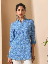 Indian Women Blue Cotton Floral Printed Lace Inserts Detail Kurta Kurti Tunic