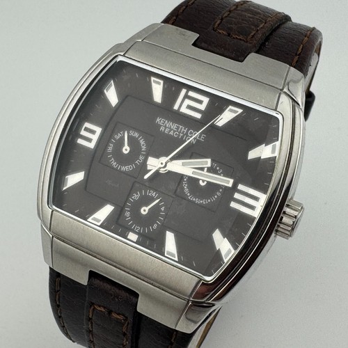 Kenneth Cole Quarzuhr Herren 50m Silberfass Japan braun Leder neue Batterie