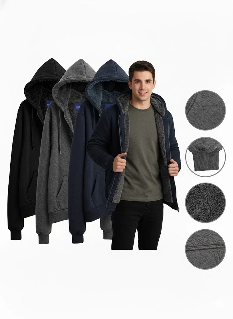 Mens Thermal Hoodie Fur Sherpa Fleece Lined Zip Up Jacket Warm Winter Top S-2XL