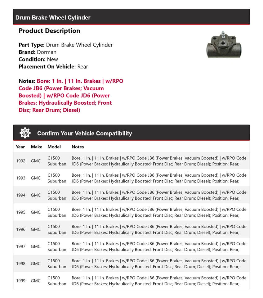 Cilindro de rueda de freno de tambor trasero para GMC C1500 1992-1999 Suburban Dorman 1993 1994 Foto 2 de 3