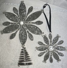 Lot Of 2 Christmas Tree Topper & Ornament Beaded Silver Snowflake Vintage