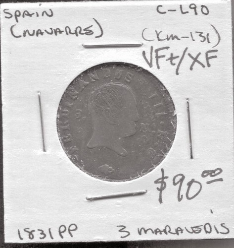 NAVARRA - BEAUTIFUL HISTORICAL FERDINAND III 3 MARAVEDIS, 1831 PP (BEST DATE)