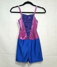 Revolution Dancewear velvet sequins leotard fuchsia blue size XLC costume unitar