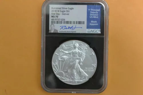 2018 W BURNISHED SILVER EAGLE NGC MS70 JEPPSON SIGNED DENVER FDI - SPOTTED