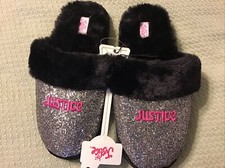 Girl's Justice slippers shinney silver slip-on faux fur lining 13/1,2/3,4/5, 6