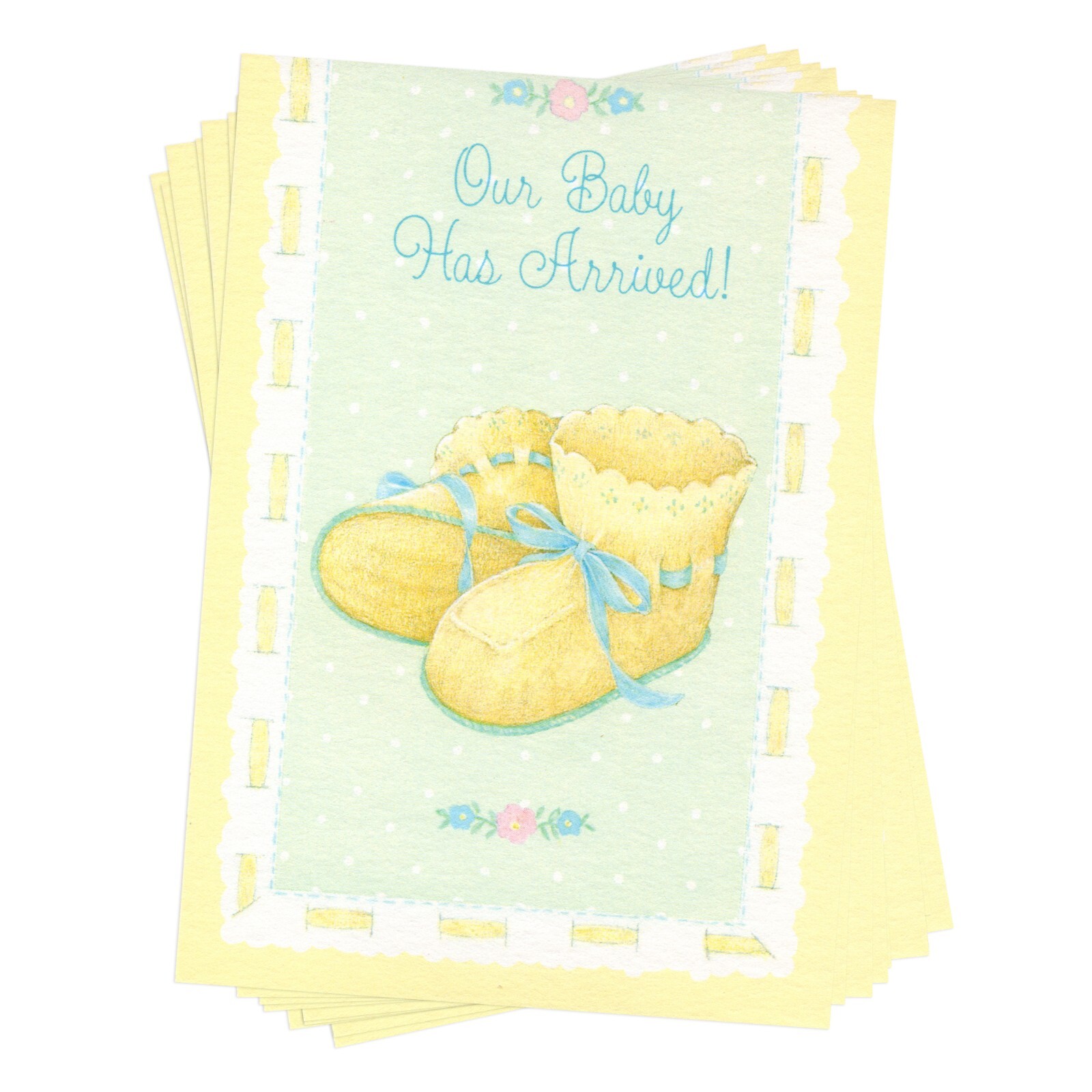 LOT OF 12 HALLMARK NEW BABY Announcement Cards + Envelopes, Yellow Booties Shoes