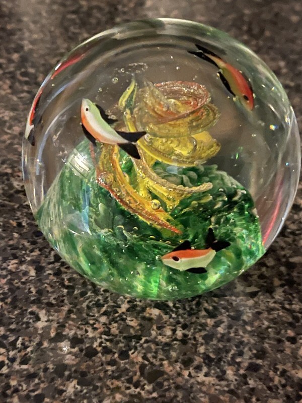 Vtg Art Glass Paperweight Holder, Fish In The Sea
