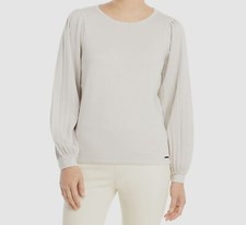  70 T Tahari Women's Beige Pleated Long-Sleeve Round-Neck Pullover Sweater Small