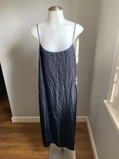 Women  s THEORY Navy Blue MIDI Slip Dress Spaghetti Straps Side Slit Size Large