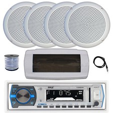Pyle Bluetooth Marine Receiver, Cover, Antenna,Wire, 4x 5.25" 20W White Speakers