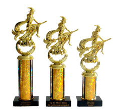 SET OF 3 HALLOWEEN TROPHIES WITCH ON BROOM TROPHIES HALLOWEEN COSTUME GOLD 