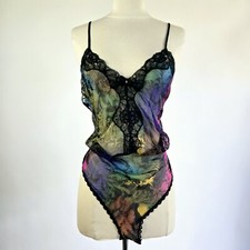 Vtg 80s SHIRLEY OF HOLLYWOOD MULTICOLORED TEDDY L Romper Bodysuit Lace Pink Blue