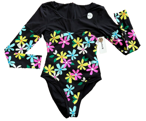 NEW NWT Hurley 1 one pc swim suit rash guard L LARGE long sleeves zipper floral - Picture 1 of 6