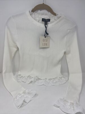QED LONDON Women's Lace Trim Cream Long Sleeve Sweater US Size XS New With Tags