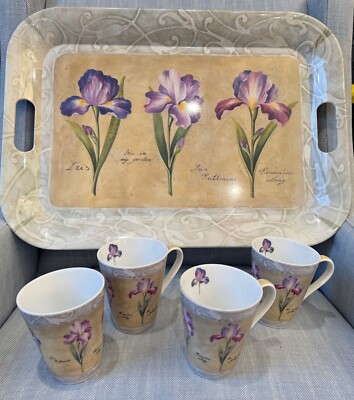 R2S Serving Tray and Matching 4 Coffee Mugs, Iris in My Garden,
